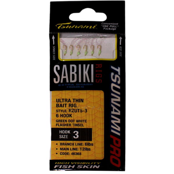 SureCatch Ultrathin 6 Hook Sabiki Green Dot White Flasher Rig 