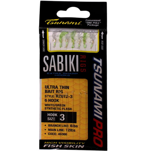 SureCatch Ultrathin 6 Hook Sabiki White Green Synthetic Flash Rig 